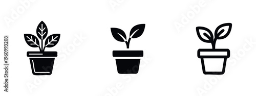 Black Potted Plant Icons Collection. Vector symbols for botany, nature, growth, and houseplants, isolated on white.