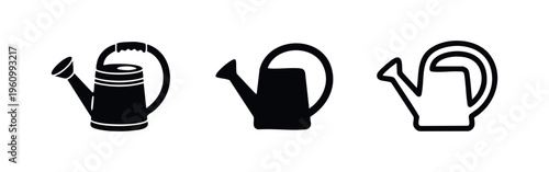Black Watering Can Icons Set. Vector symbols for gardening, plant care, growth, agriculture, and horticulture.