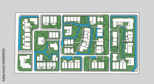 Architectural Master Plan of a Residential Housing Complex with Green Spaces and Water Features - Top View Vector Illustration