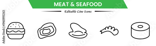 Meat and seafood icons depicting steaks, fish, shrimp, chicken, fillets, shellfish, cooking, grilling, freshness, protein, nutrition, butchery, cuisine, preparation, and ingredients.