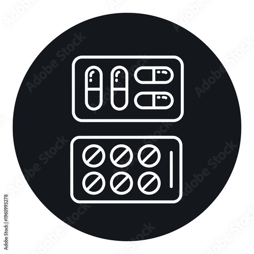 White line icon of medicine pills and capsules on dark background icon