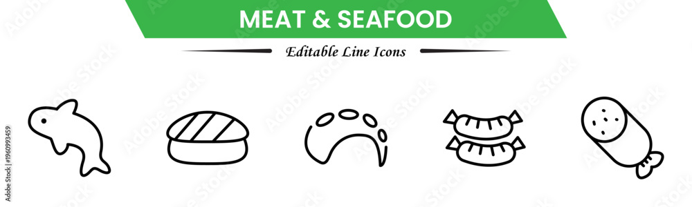 Obraz premium Meat and seafood icons depicting steaks, fish, shrimp, chicken, fillets, shellfish, cooking, grilling, freshness, protein, nutrition, butchery, cuisine, preparation, and ingredients.