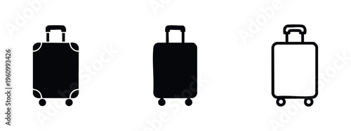 Set of black suitcase or luggage icons in various styles, perfect for travel and vacation-related designs.
