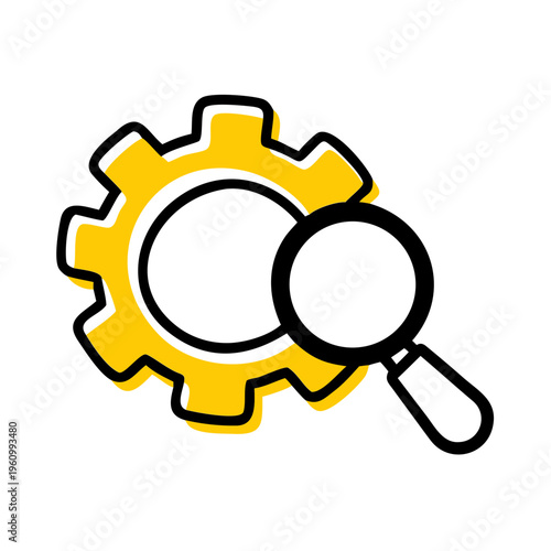 Gear with magnifying glass and yellow outline search analysis settings technology