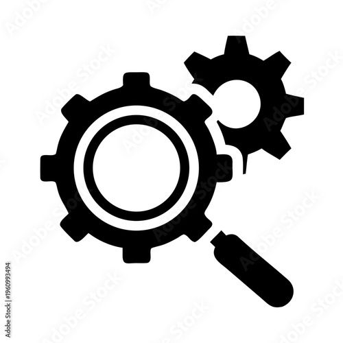 Two cogwheels and magnifying glass icon system analysis settings mechanism technology