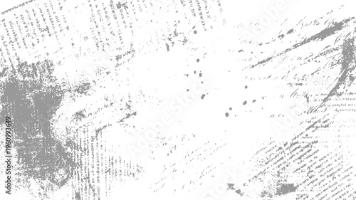 Faded grey text and ink splatters on white background distressed paper texture