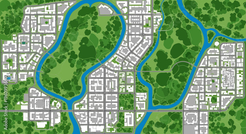 Urban City Map Top View with Green Parks, River, and Modern Infrastructure Buildings; Flat Vector Design for City Planning and Sustainable Development