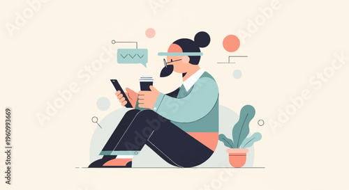 Person with coffee and phone, plants, chat bubble, soft colors