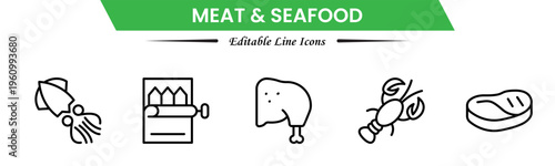 Meat and seafood icons depicting steaks, fish, shrimp, chicken, fillets, shellfish, cooking, grilling, freshness, protein, nutrition, butchery, cuisine, preparation, and ingredients.