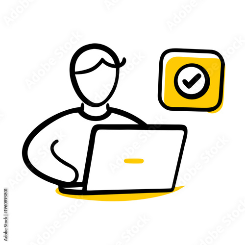 Stylized person at laptop with yellow checkmark in a square frame, hand drawn style