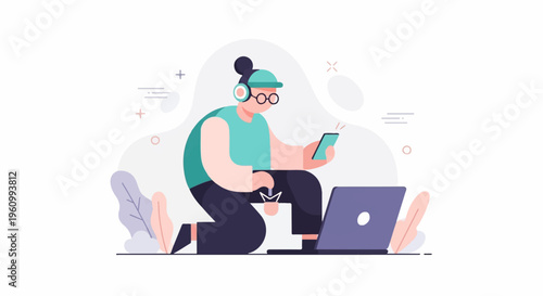 Person with headphones and glasses uses phone and laptop, surrounded by abstract shapes