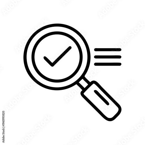 Magnifying glass with checkmark inside circle and lines to side, signifies search verification
