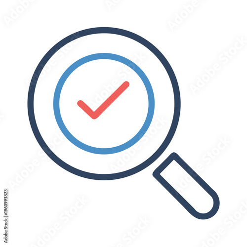 Magnifying glass with blue circle and red checkmark, representing validated search results