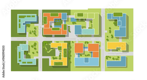 Modern Urban City Planning Master Plan Illustration, Top View Flat Design of Residential Neighborhood with Green Spaces, Sustainable Smart City Layout and Architecture Concept