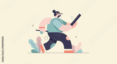 Stylized figure with bun running with a tablet and stylus in a minimalist setting