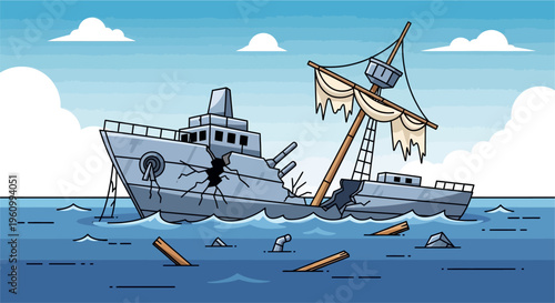 A cartoon illustration of a damaged, sinking shipwreck with a broken mast and debris floating in the blue ocean under a cloudy sky.