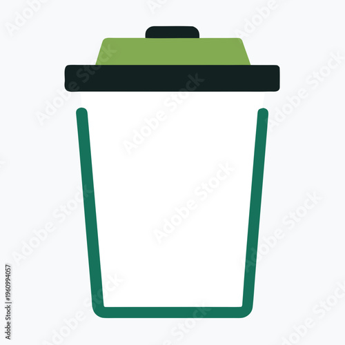 Modern trash can with green lid and black trim on white background
