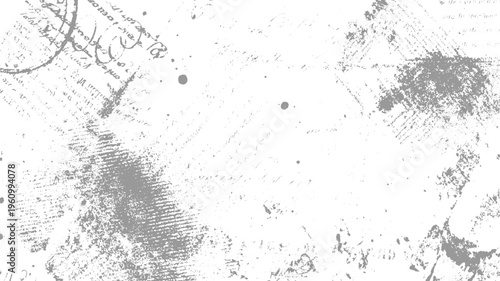 Faded gray grunge texture with faint script and ink splatters white background