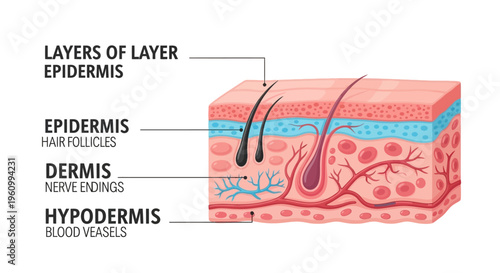 Detailed diagram illustrating the layers of human skin, including epidermis, dermis, and hypodermis, with associated structures like hair follicles, nerve endings, and blood vessels.