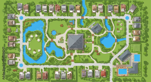 Aerial Top View of a Modern Suburban Residential Neighborhood and Luxury Real Estate Community Plan