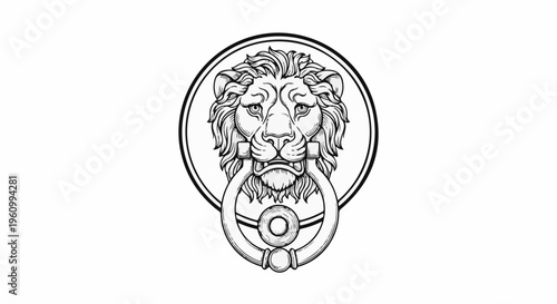 Detailed line art of a lion's head with a door knocker