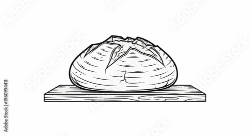 Detailed line drawing of a rustic loaf of bread resting on a wooden board