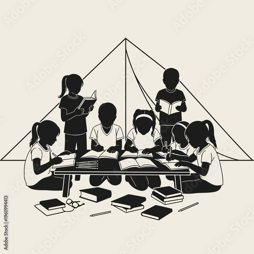 Children sitting around a table studying.