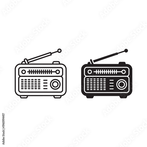 Two vintage transistor radios shown in black and white line art style