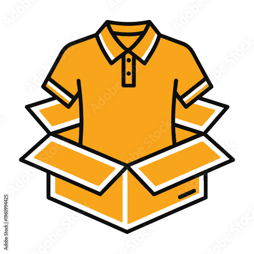 Yellow polo shirt emerging from an open cardboard box symbolizing delivery or unboxing