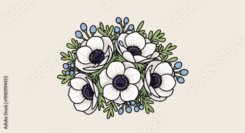 Delicate white anemone flowers with green leaves and blue buds