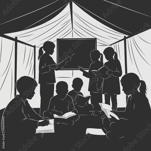 children sitting in classroom tent.