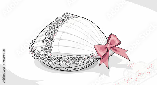 Delicate white baby bonnet with pink bow, adorned with intricate lace trim