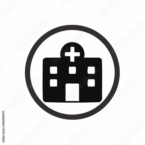 Healthcare medical building icon representing hospital services and patient care within a circular emblem symbolizing wellness and community health