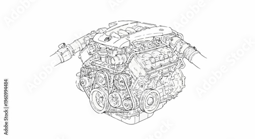 Detailed line drawing of an internal combustion engine with pulleys and belts