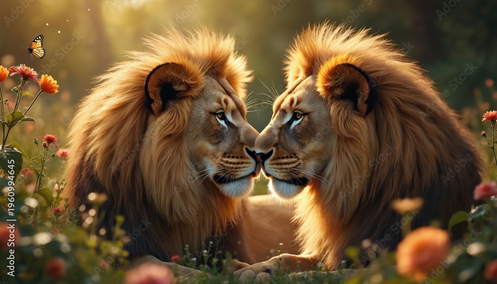 Obraz premium Two lions nuzzle noses in a sunny meadow filled with flowers. A butterfly flutters nearby. Majestic animals share a tender moment in nature.
