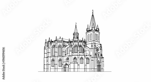 Detailed sketch of a grand Gothic cathedral with spires and arched windows