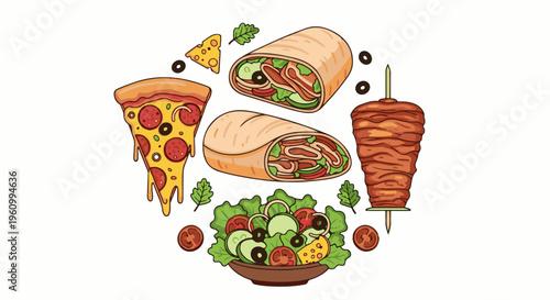 Delicious cartoon pizza, wraps, gyro, and salad arrangement