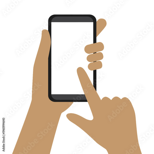 Digital concept with hands holding and interacting with a blank smartphone screen, perfect for mobile app designs, user interface presentations, and technology solutions