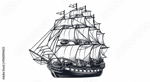 Detailed sketch of a majestic, multi-masted sailing ship