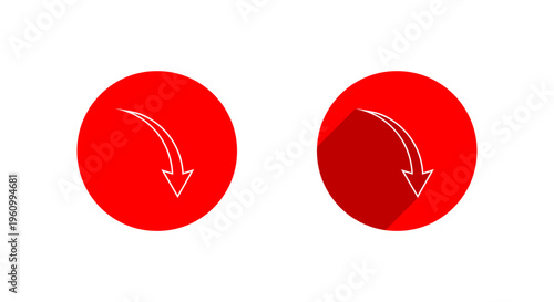 Arrow curve down outline icon with long shadow. Decline direction symbol. Downward trend sign