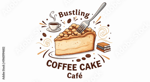 Delicious coffee cake with a fork, coffee cup, beans, and books