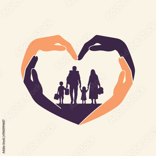 Family in heart shaped hands illustration.