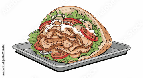 Delicious grilled meat sandwich with fresh vegetables and sauce