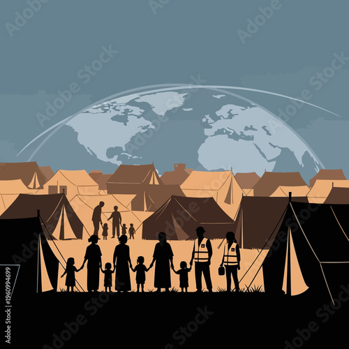 Family in refugee camp silhouette.