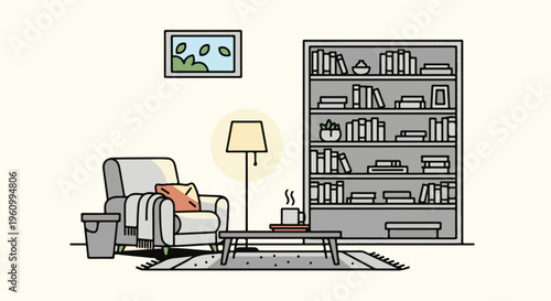 Cozy minimalist living room with armchair, coffee table, and bookshelf