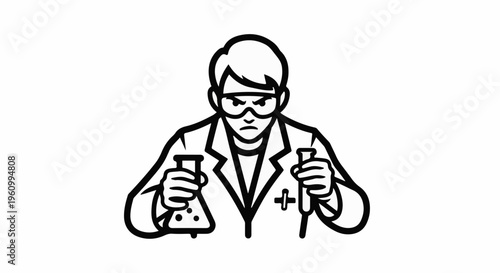 Determined scientist with goggles holds test tubes and flask