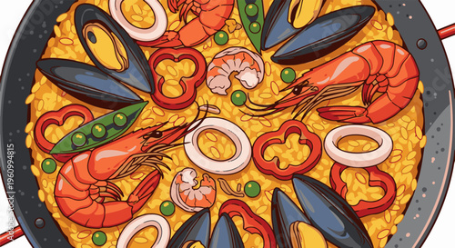 Delicious seafood rice dish with shrimp, mussels, and peppers in a pan