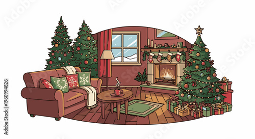Cozy living room with Christmas trees, fireplace, and gifts