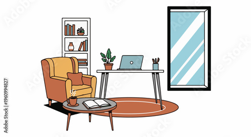 Cozy room with armchair, desk, laptop, books, and mirror