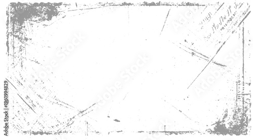 Grungy distressed grey border with scratches and speckles on white background grunge